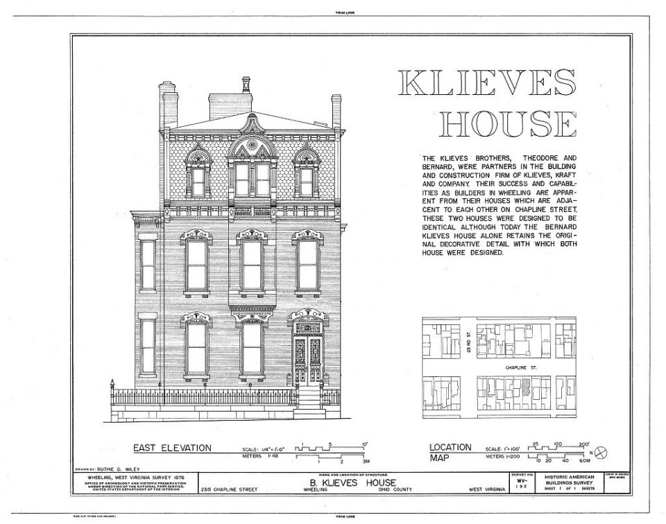 Front elevation of the Bernard Klieves house on Chapline Street in Wheeling, West Virginia. Courtesy of the Library of Congress (Link)