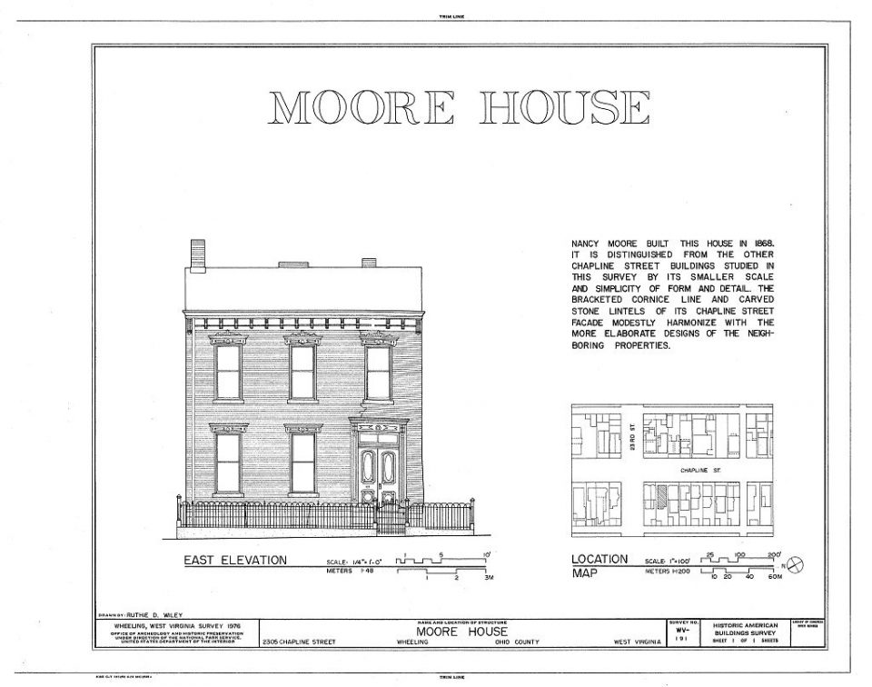 Front elevation of the Nancy Moore house on Chapline Street in Wheeling, West Virginia. Courtesy of the Library of Congress (Link)