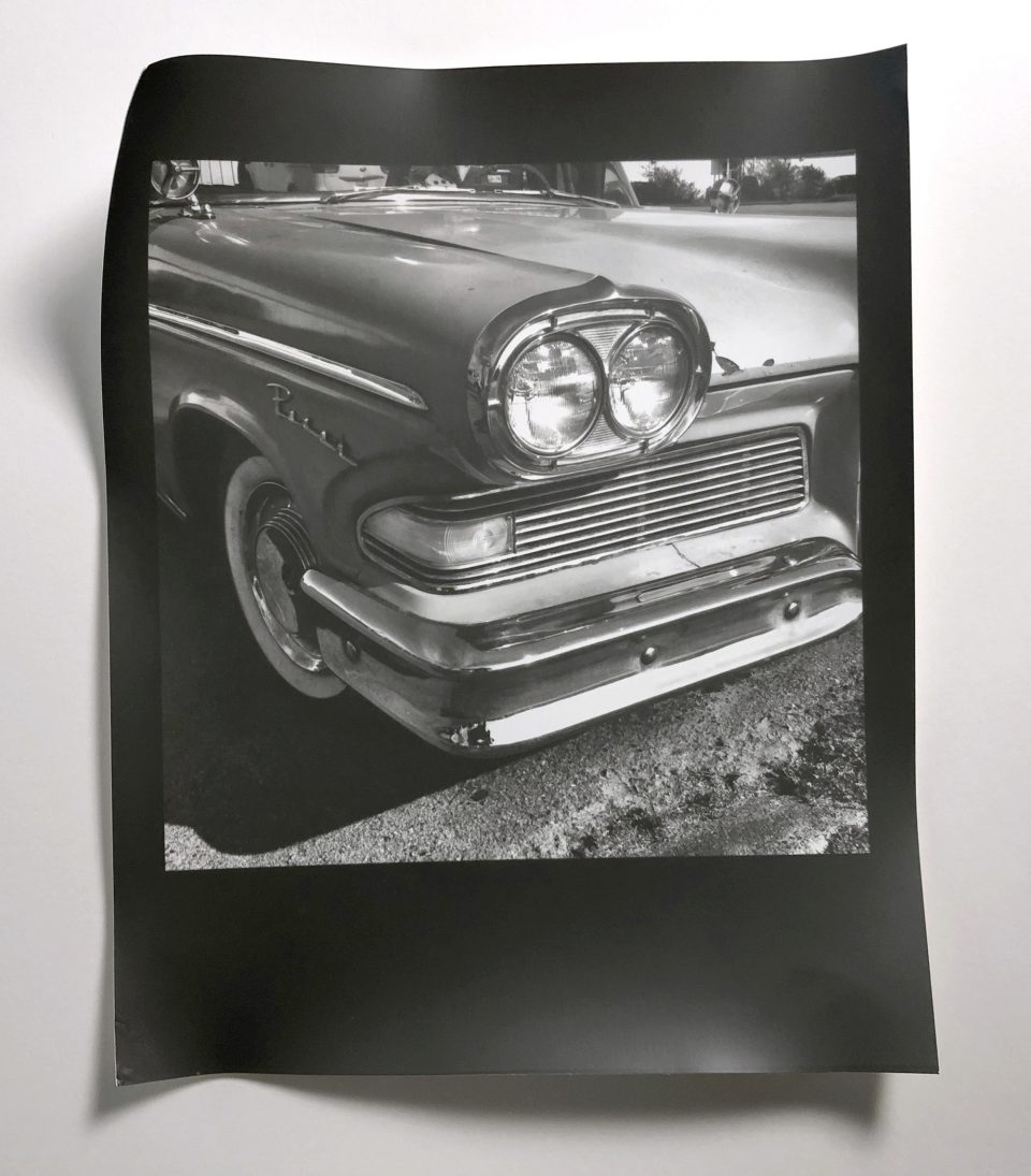 This photograph of a classic car on the lford Classic Matt shows the characteristic paper curl of fiber-based papers. They must be flattened before mounting and framing.