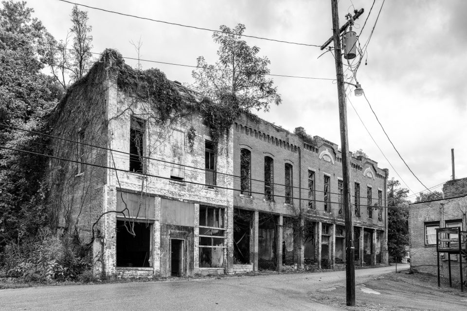 There are sites online claiming that these buildings were damaged by the 1906 explosion, but my Dad remembers these buildings in full operation when he was a young man in the 1950s. One of them was a grocery store at the time. Black and white photograph by Keith Dotson.