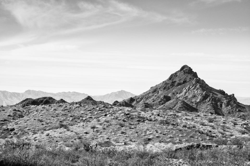 Landscape near Oatman, Arizona. Black and white photograph by Keith Dotson.