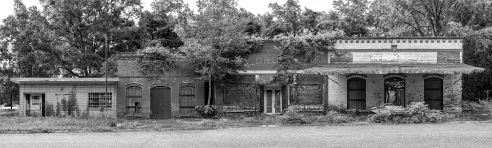 My wide-format panorama photograph of the entire street of abandoned buildings in Seale, Alabama. Fine art prints are available.
