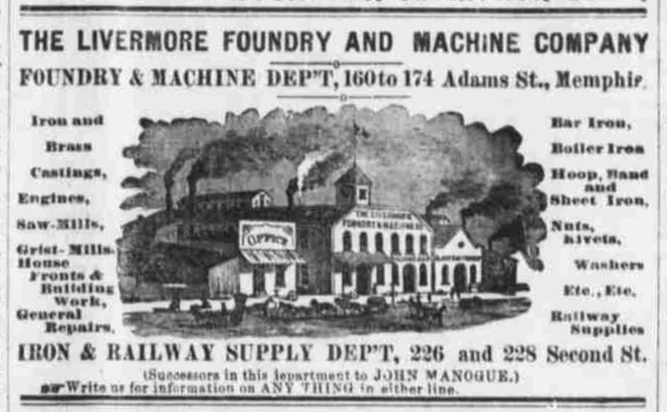 Newspaper ad for the Livermore Foundry and Machine Company of Memphis, Tennessee.