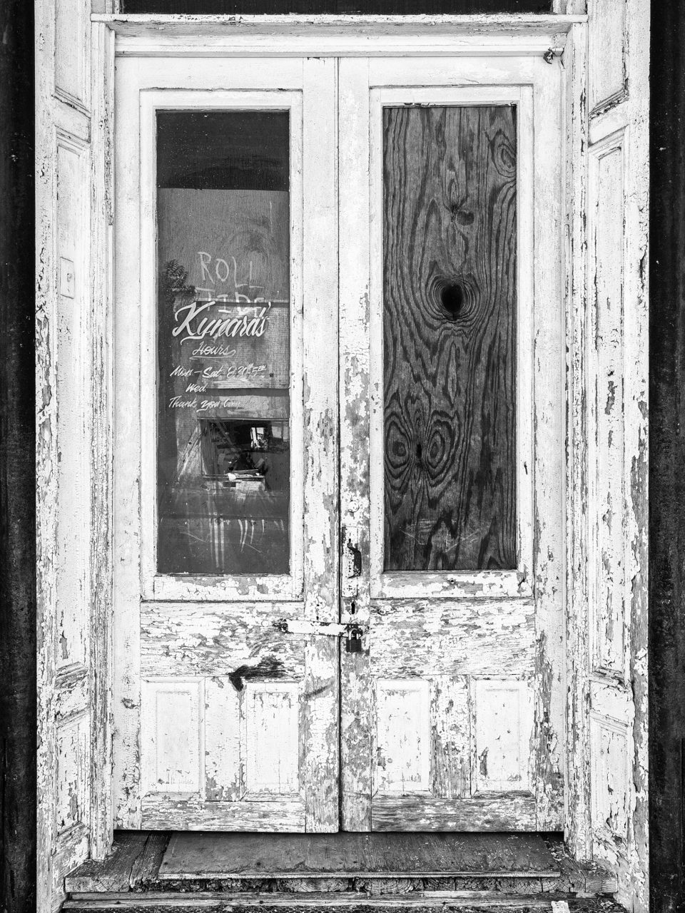 The front doors of Kynard's, a furniture store that operated here from 1976 until 2007.