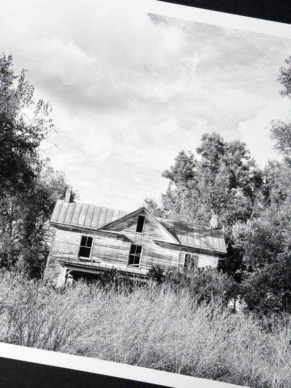 Test print of the old wooden Virginia farmhouse on Canson Infinity Arches 88 cotton rage paper at 12 x 16 inches.