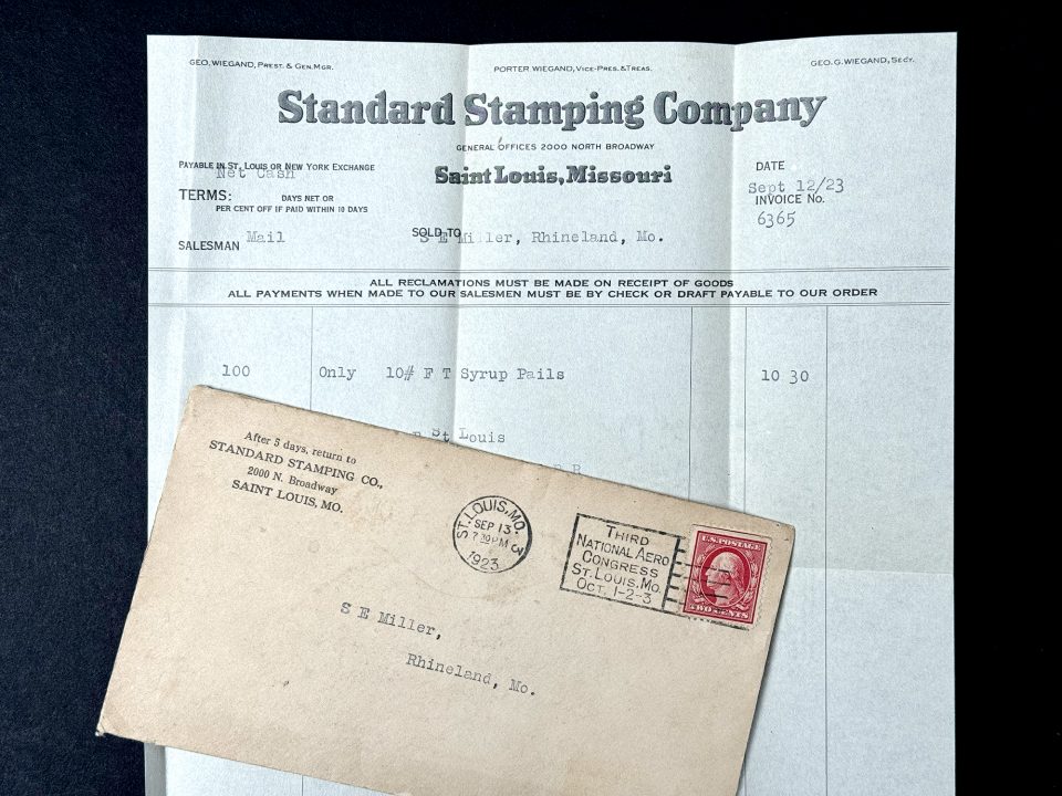 A 1923 invoice for syrup pails from the Standard Stamping Company of St. Louis. George Wiegand can be seen listed at top left with the titles of President and General Manager.