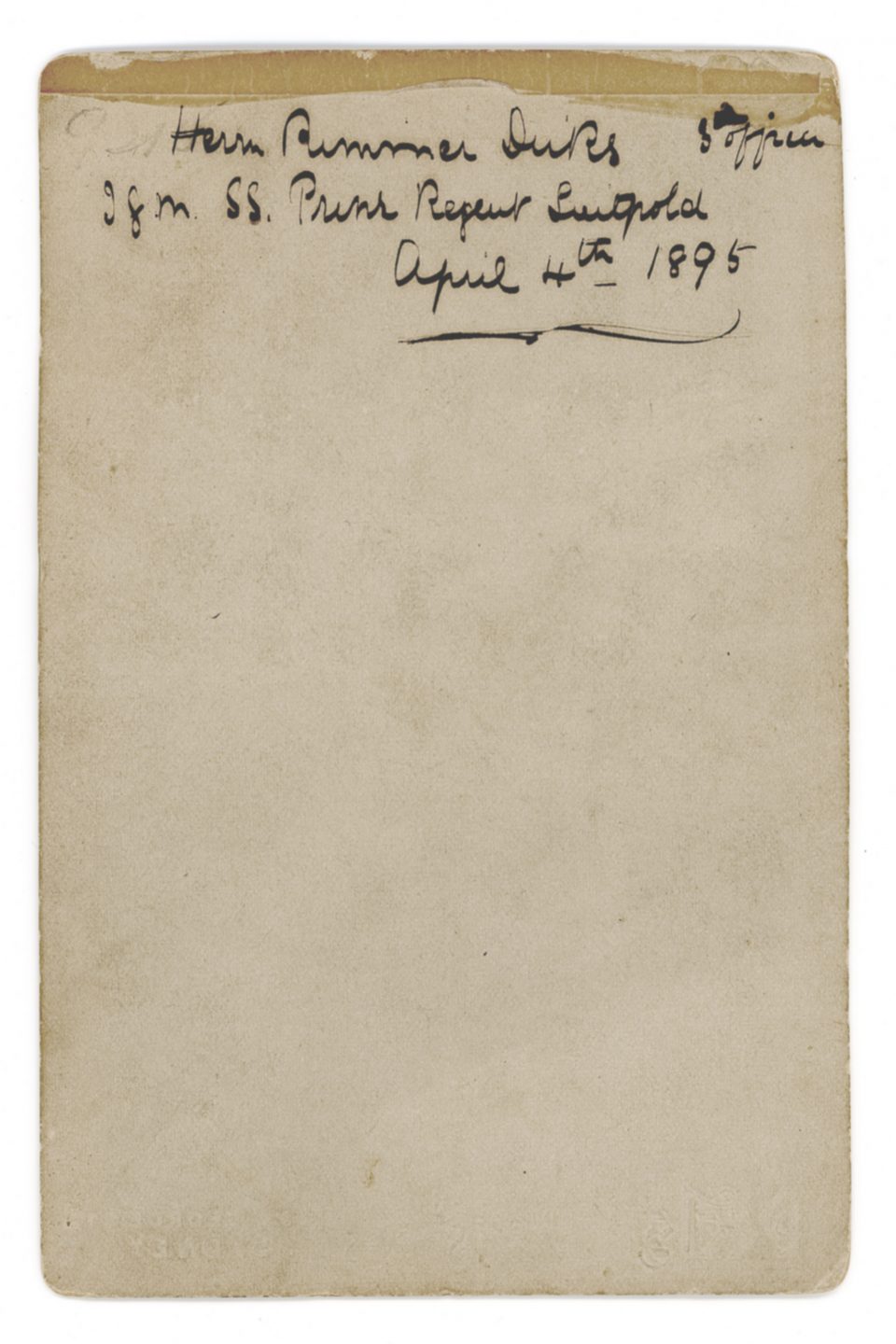 Handwritten inscription on the back of a cabinet card portrait of Herm Rummer Duiks, the 3rd Officer of the SS Prinz Regent Luitpold, who was photographed at Peels photography studio at 482 George Street in Sydney, Australia, on April 4th, 1895. Copy photograph copyright Keith Dotson. All rights reserved.