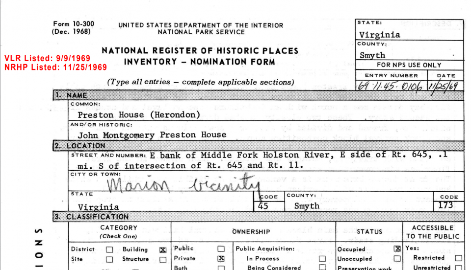 A page from the National Register of Historic Places application form, dated 1969.