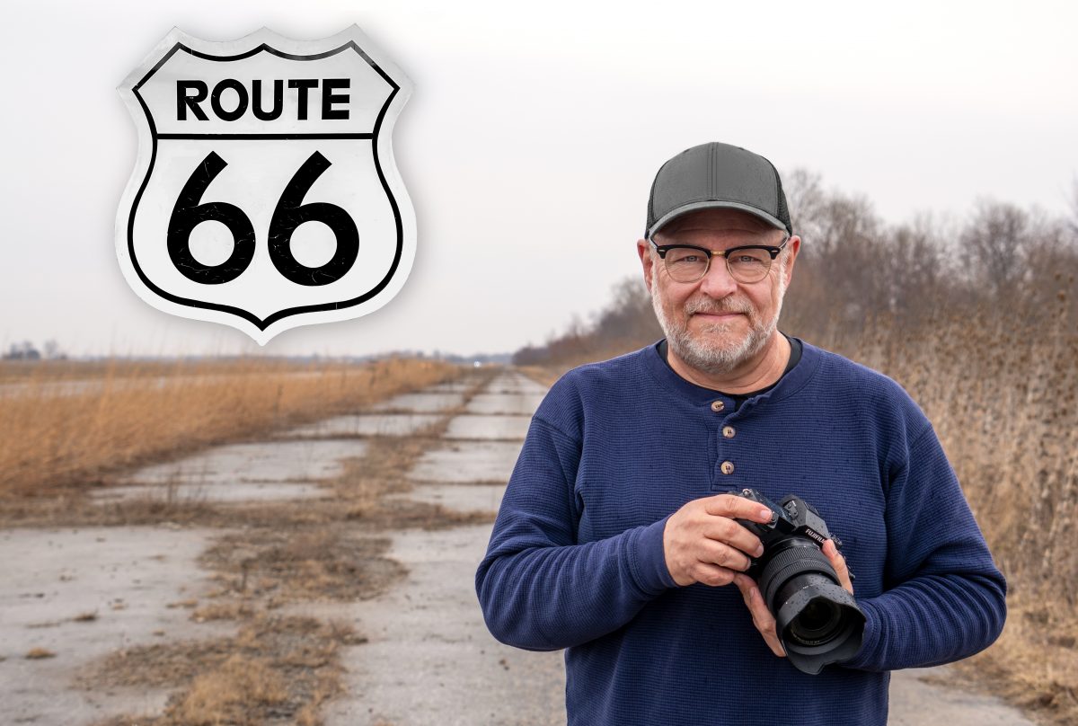 Portrait of photographer Keith Dotson on an abandoned stretch of Route 66 near Mt. Olive Illinois, where he made the final photographs for his new book, "Sixty-Six Photographs of Route 66," published in 2026 on the 100th anniversary of the historic highway