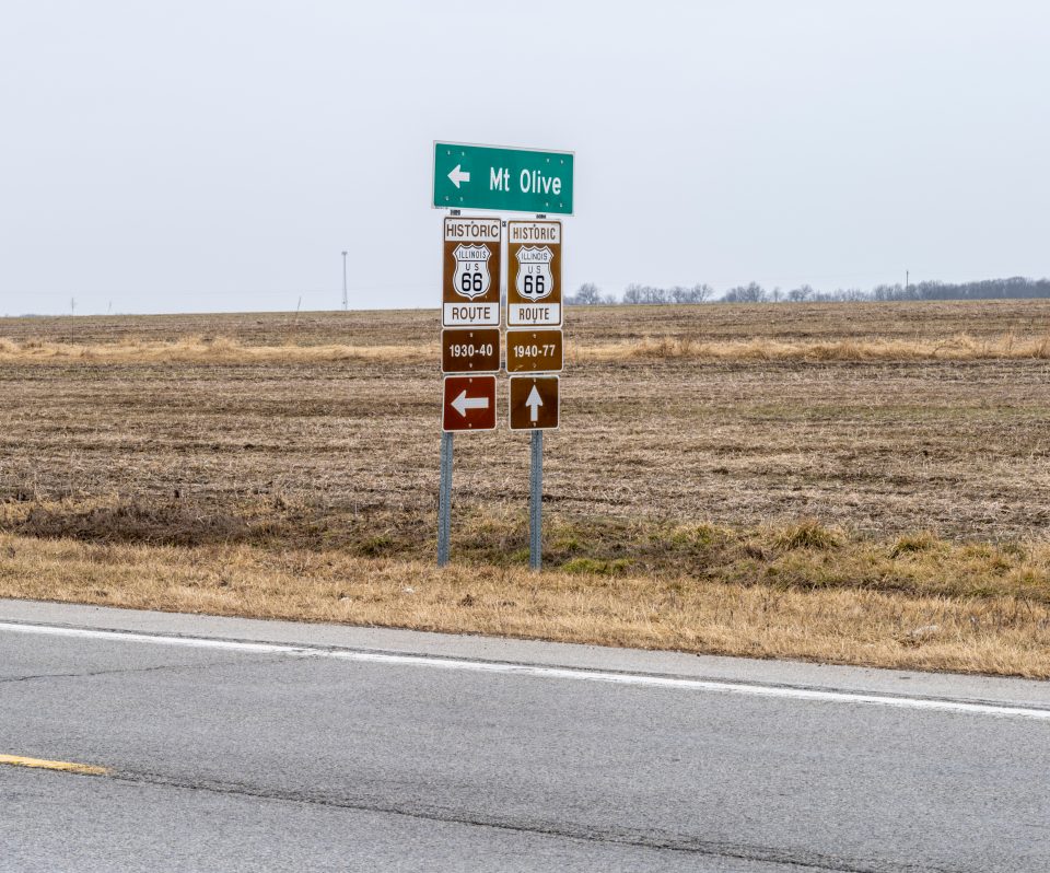 Two alignments of Old Route 66 diverge near Mt. Olive, Illinois -- only a few hours from the highway's origin point in Chicago.
