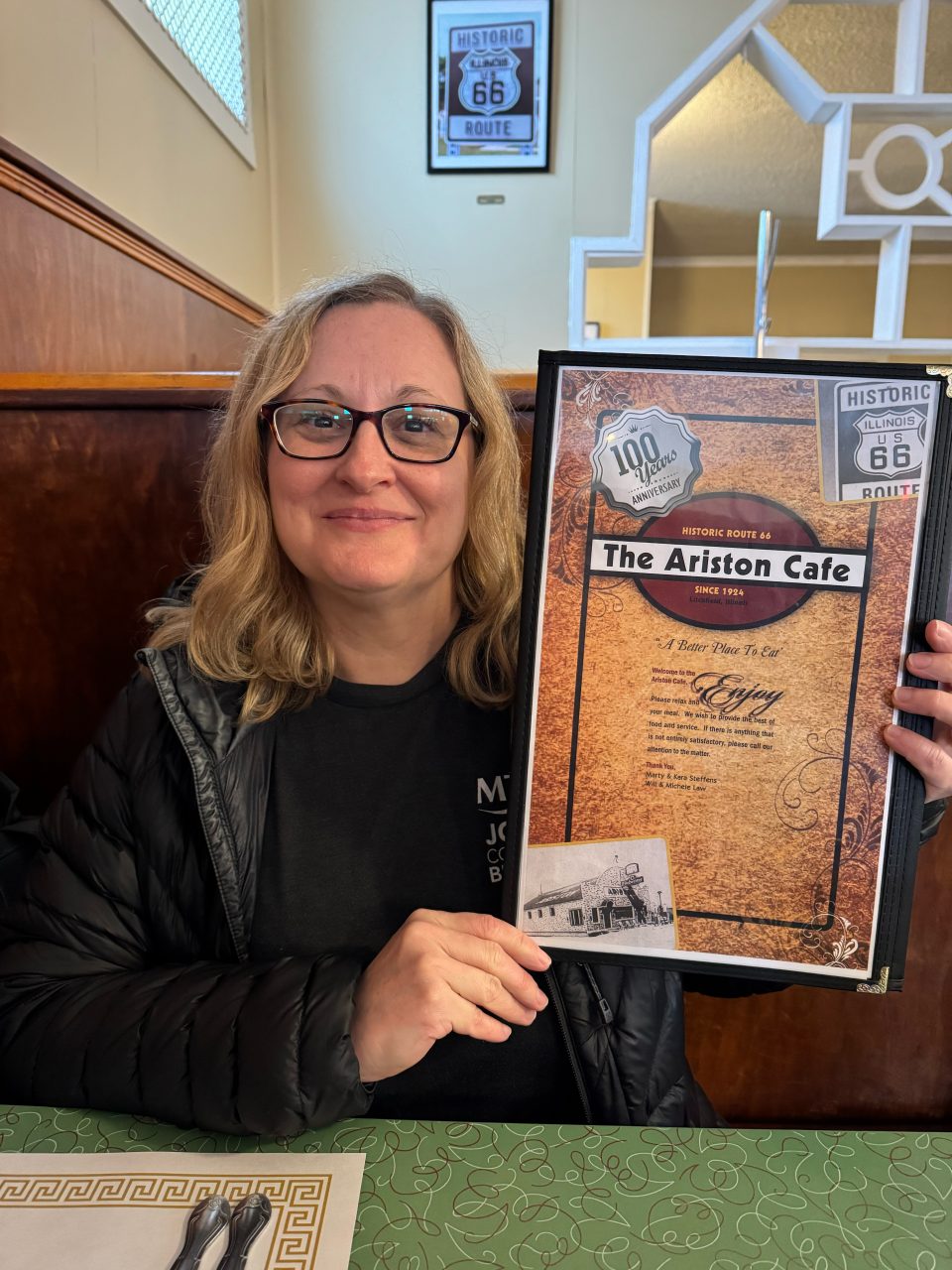 Here's Teena at the Ariston Cafe, in Litchfield, Illinois. The cafe opened in 1924, and relocated onto Route 66 in 1935. We enjoyed our meal and being in this historic restaurant. 
