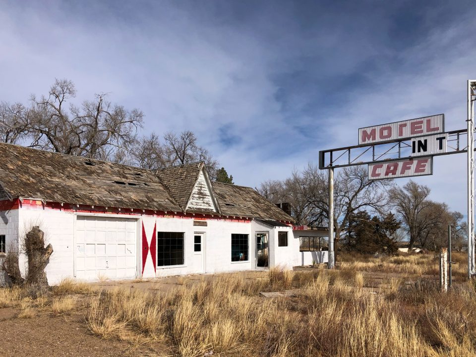 The old Longhorn Motel and Cafe on Route 66 in Glenrio, Texas.