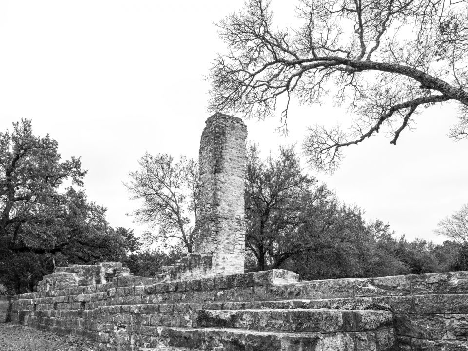 Black and white photograph of the ruins of Salado College in Salado, Texas. Photograph by Keith Dotson.