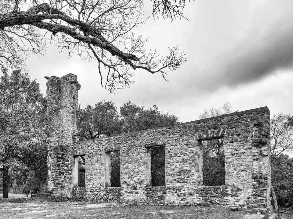 Black and white photograph of the ruins of Salado College in Salado, Texas. Photograph by Keith Dotson.