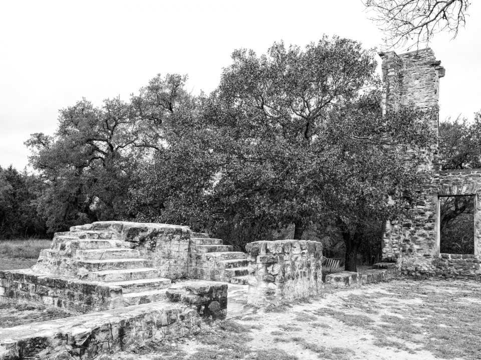 Black and white photograph of the ruins of Salado College in Salado, Texas. Photograph by Keith Dotson.