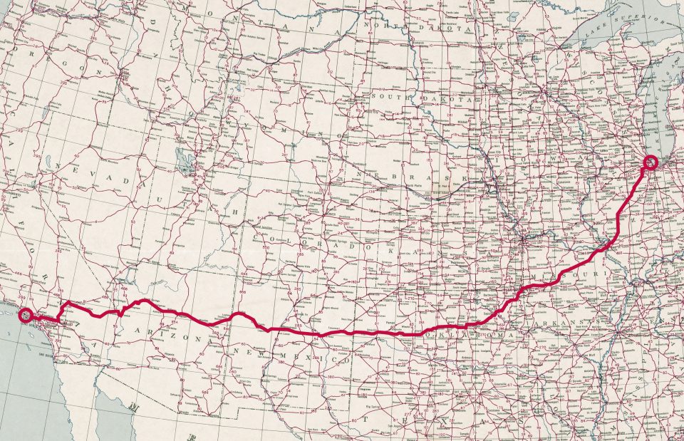 Route 66 highlighted on a 1950 map of U.S. Highways courtesy of the Library of Congress, Geography and Map Division.
