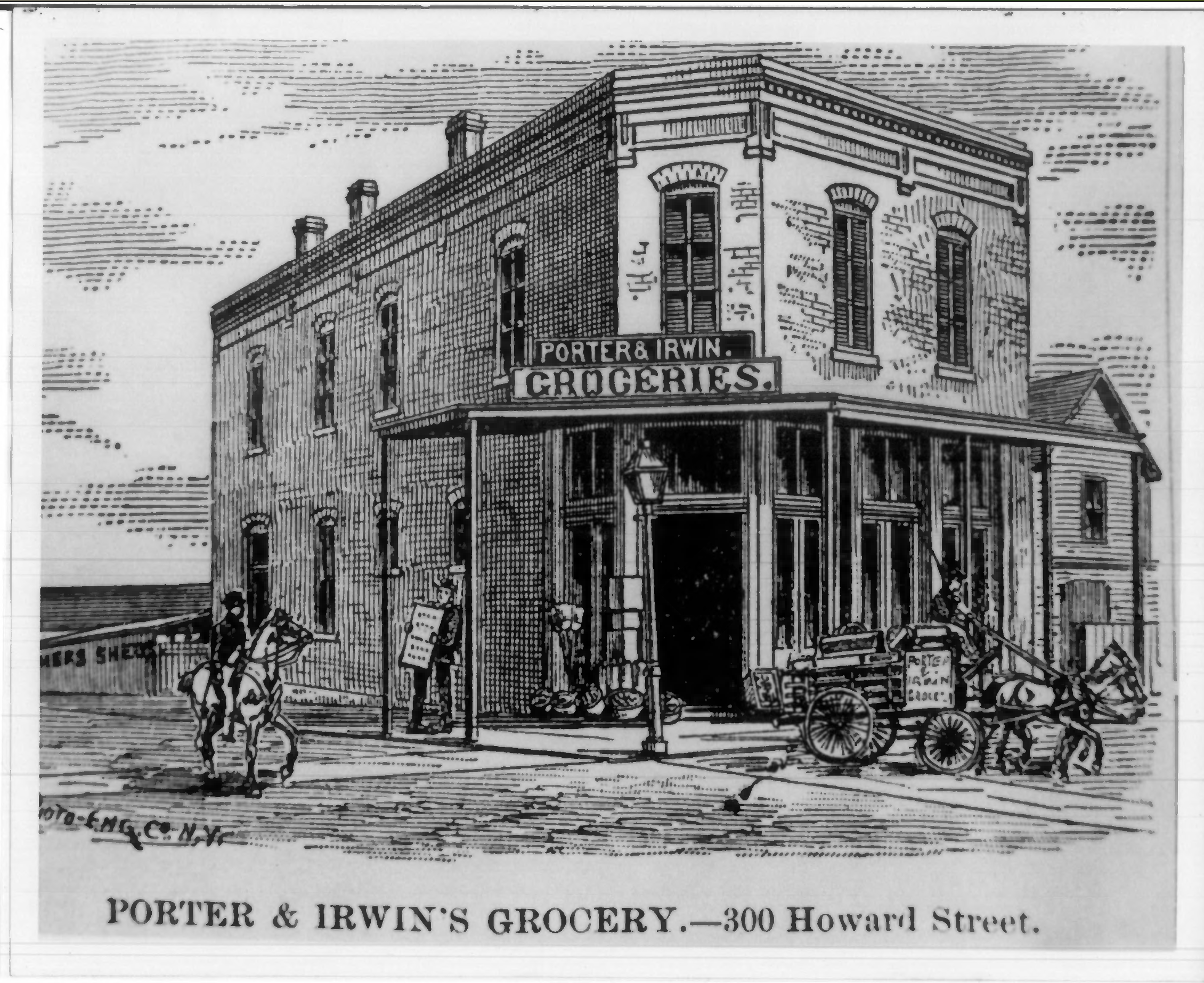 A historic illustration of the Porter and Irwin Grocery, which later became Tucker's Seed House, and then Cantrell's Seed House. From the National Register of Historic Places application form.