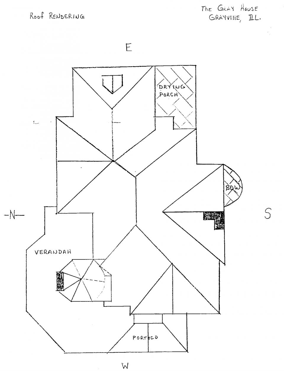 Hand drawn plan of the roof of the historic William W. Gray house in Grayville, Illinois.