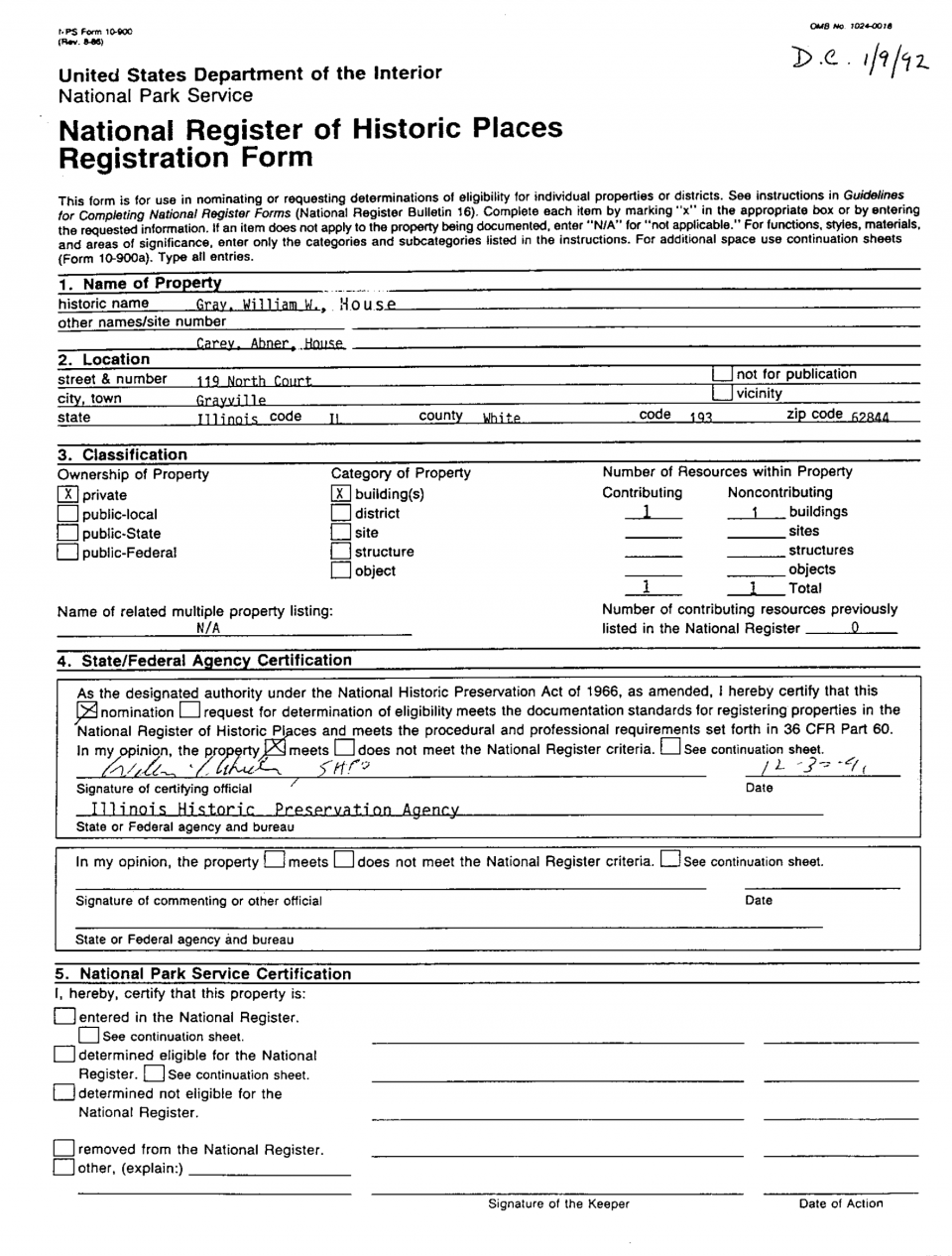 Page one of the application for listing in the National Register of Historic Places dated 1991 and published in 1992.