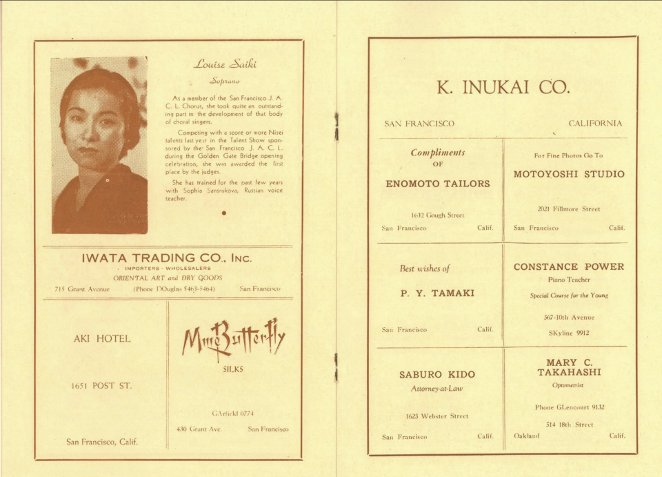 On the right page of this concert program from April 2. 1938, we can see a small ad from Motoyoshi Studio, confirming that Henry Motoyoshi was still in business four years prior to World War II internments of Japanese- Americans.