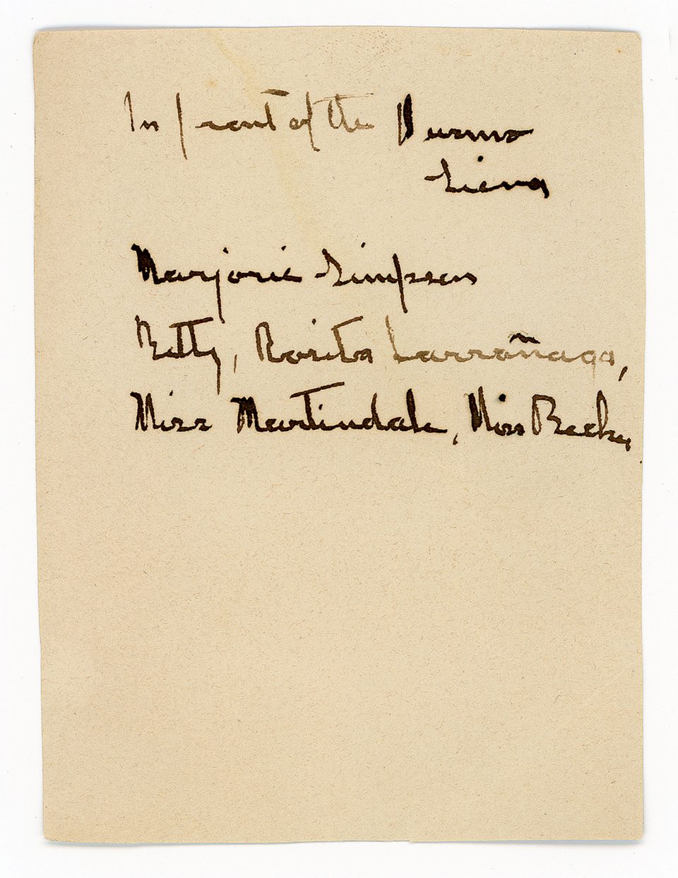 The back of the photograph features a hand-written inscription accomplished with a fountain pen in black ink. It says, "In front of the Duomo, Siena. Marjorie Simpson, Betty, Rosita Larrañaga, Miss Martindale, Miss Becky." Presumably the unknown photographer was the sixth member of the party.