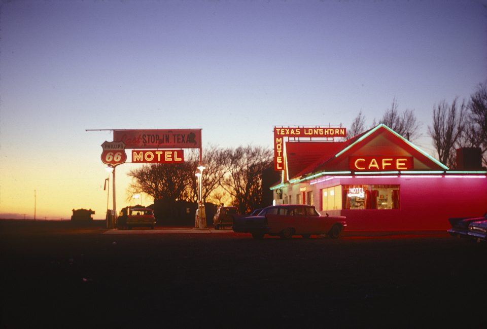 Photograph of the Longhorn Motel at Sunset in 1967, on Route 66 in Glenrio, Texas. Photo by Tom Gentle, used with permission.