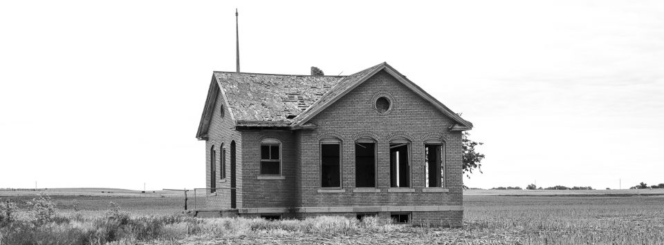 Panoramic photograph of the old schoolhouse (1887-1945) in Kansas by Keith Dotson.
