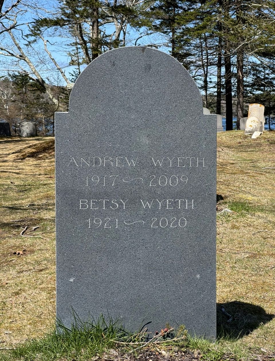 Headstone for the grave of renowned American artist Andrew Wyeth (1017-2009) and his wife Betsy James Wyeth (1921-2020). The Wyeth's were buried in Hathorn Cemetery, not far from the place where he painted his most famous work, Christina's World.