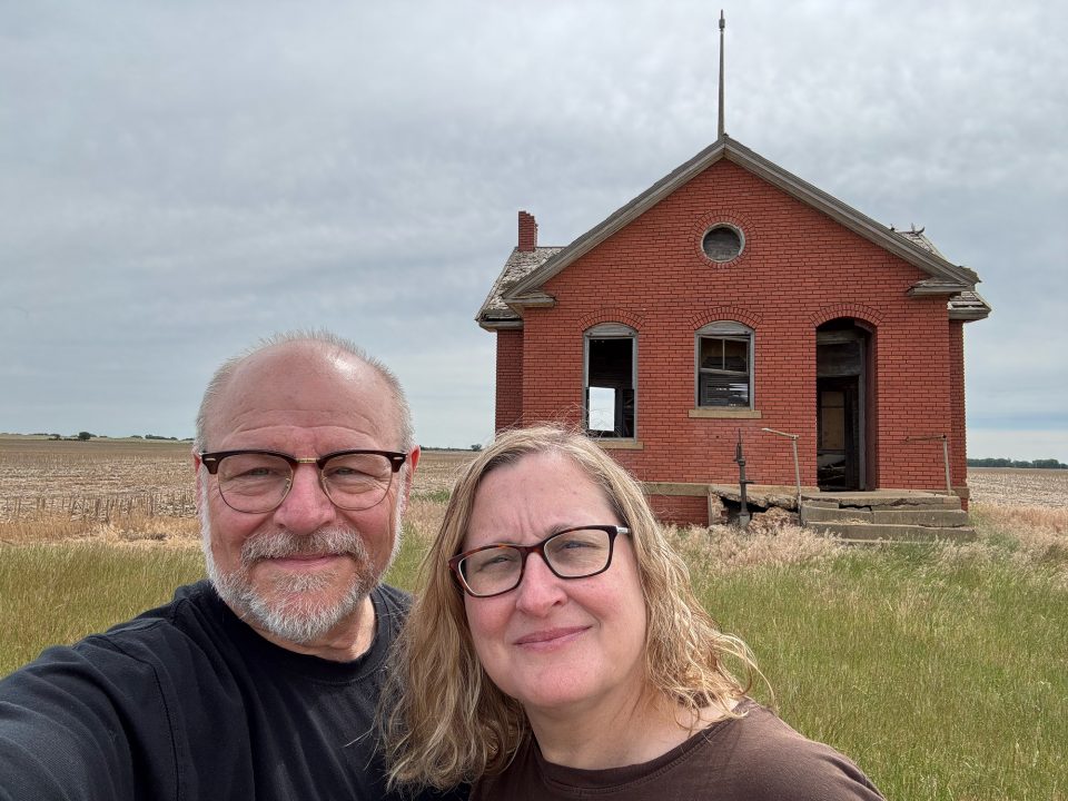 Photographers Keith Dotson and Teena Young on location in Kansas at the County Line one-room schoolhouse, built maybe 1887.