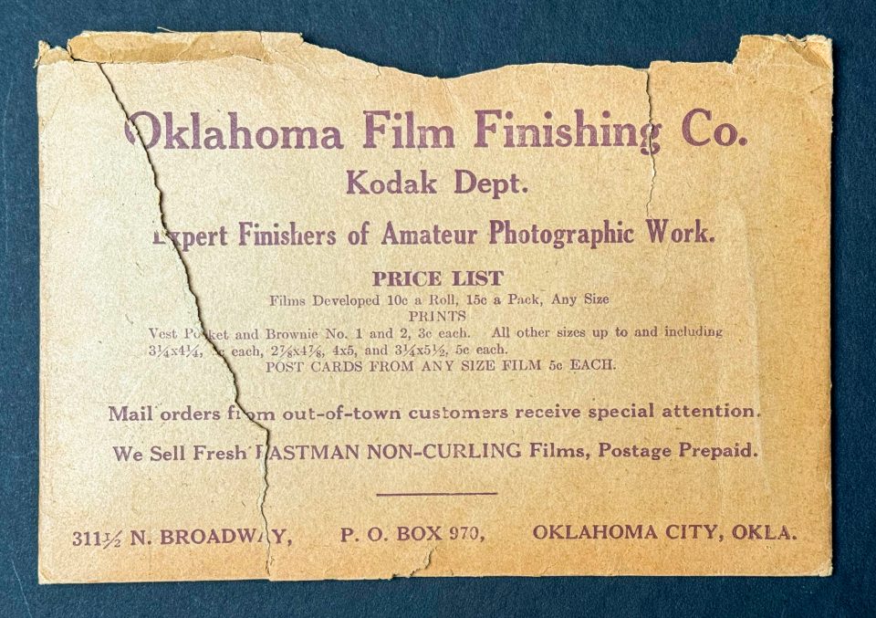 Tattered old negative folder from Oklahoma Film Finishing Company, which was located at 311 1/2 N. Broadway in Oklahoma City.