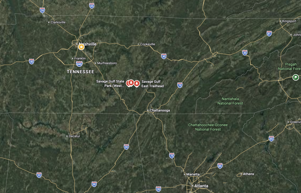 Map showing location of Tennessee's Savage Gulf, courtesy of Google Maps.