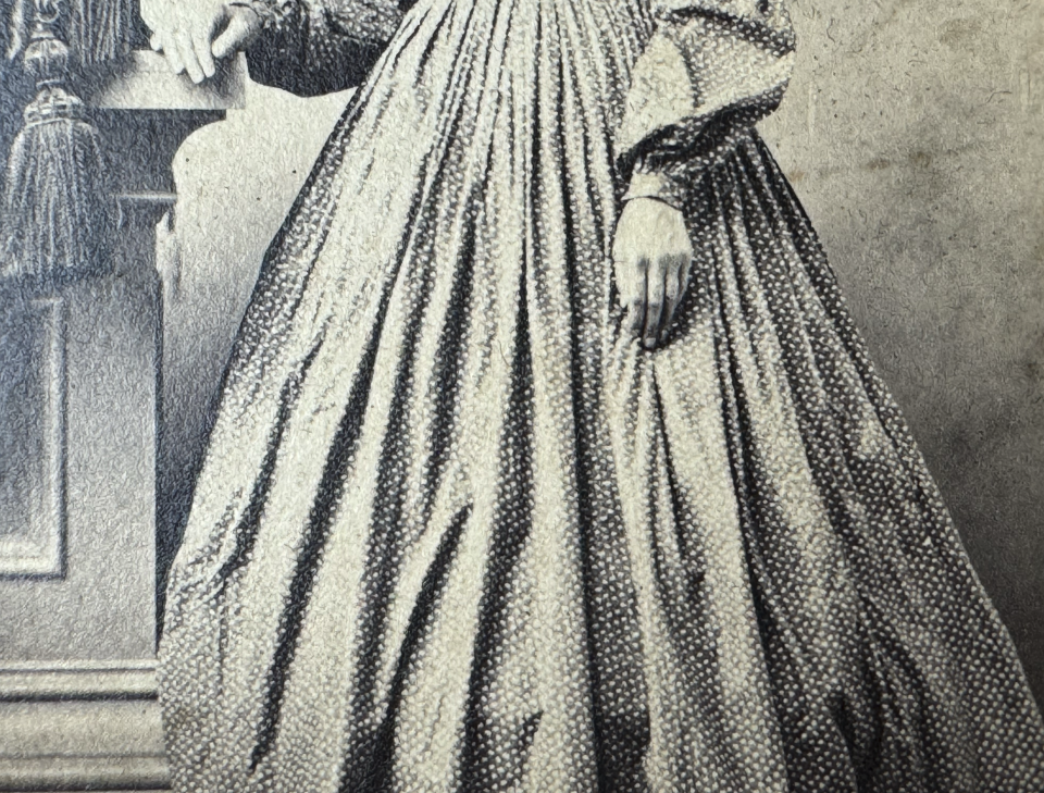 Close-up detail of the dress and hand of the woman pictured in the portrait above.