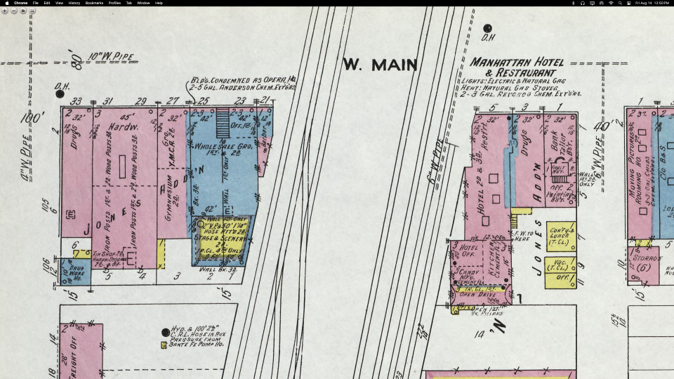 1911 Sanborn Fire Map, the same location indicates that the grocery store hadoccupied the 1st and 2nd floors and that the Opera House was condemned, and therefore out of business by that year.