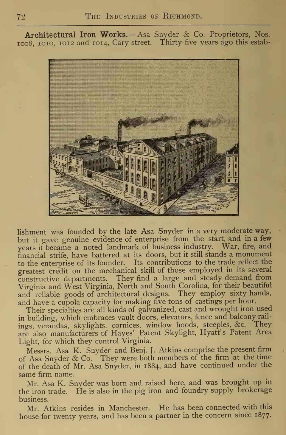 A full-page profile of the company from page 72 of the 1886 book The Industries of Richmond: Her Trade, Commerce, Manufactures and Representative Establishments