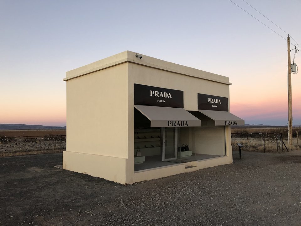 The famous Prada Marfa art project by Elmgreen & Dragset, seen in the desert near Marfa, Texas.