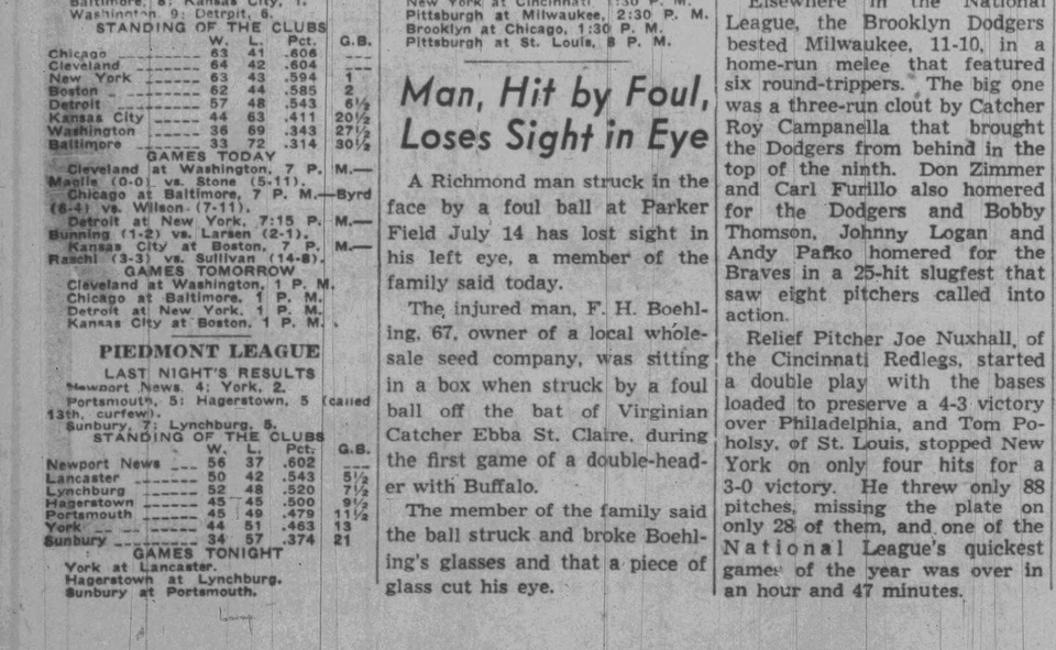 Newspaper story about Frank Boehling being blinded in a freak accident, after being hit by a foul ball while watching a baseball game st Parker Field. Richmond New Leader, August 5, 1955.