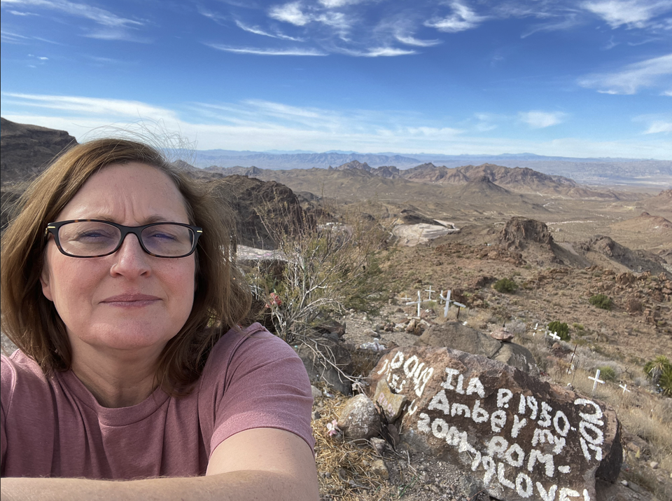 Teena pauses for a selfie at Sitgreaves Pass on old Route 66 near Oatman, Arizona.